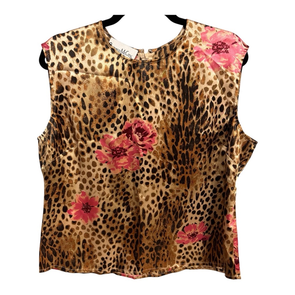 NWOT Pamela McCoy Collection Silk Pink Floral Leopard Print Sleeveless Tank Sz L